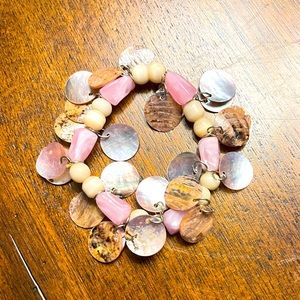 Vintage Pink Quartz Seashell Beaded Seashell Charms Stretch Artisan Bracelet